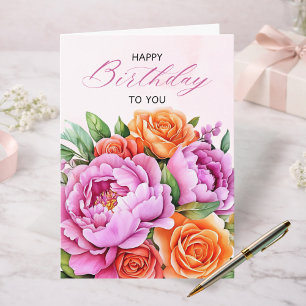 Elegante rosa Pfingstrosen Blumen Glückwunschkarte Karte