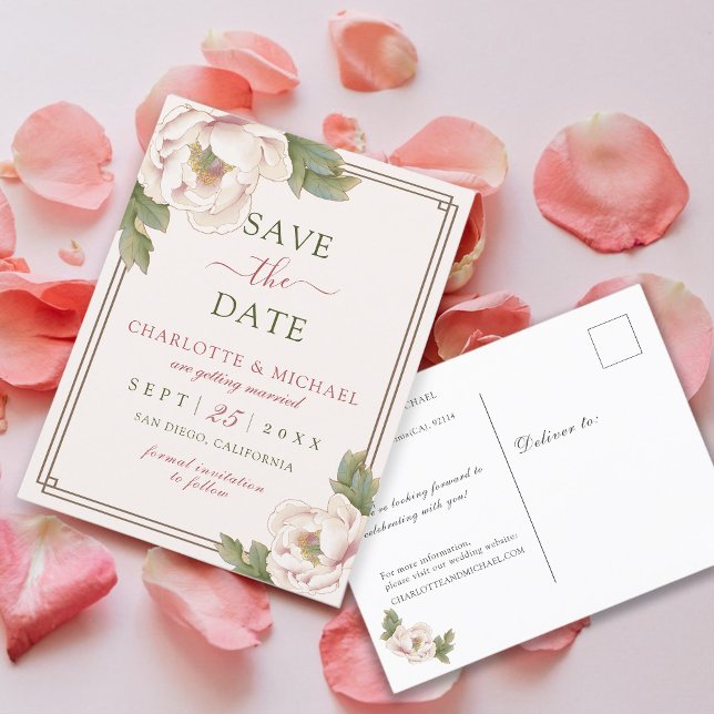 Elegante Rosa Pink Peony Rose Save the Date floral Postkarte (Von Creator hochgeladen)