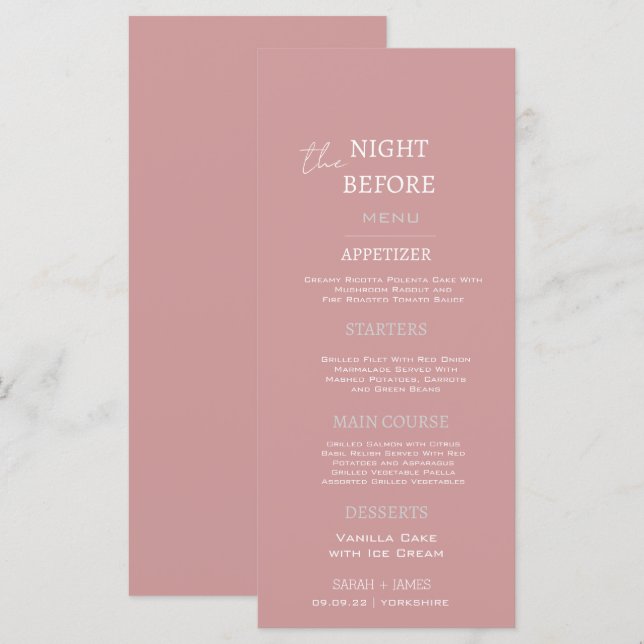 Elegante, rosa Probe Abendessen Hochzeit Menükarte (Vorne/Hinten)