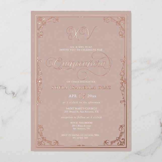 Elegante Rosa Quinceñera Rose Gold Folieneinladung (Vorderseite)