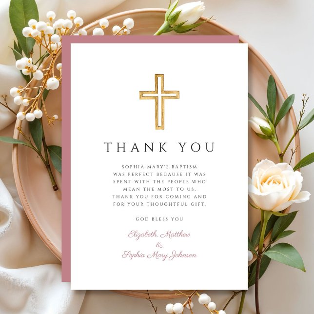 Elegante rosa religiöse Cross-Girl-Taufe Dankeskarte (Elegant Pink Religious Cross Girl Baptism Thank You Card)