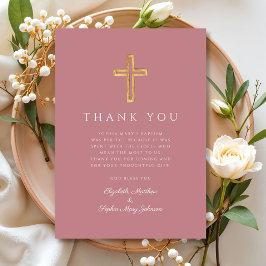 Elegante rosa religiöse Cross-Girl-Taufe Dankeskarte