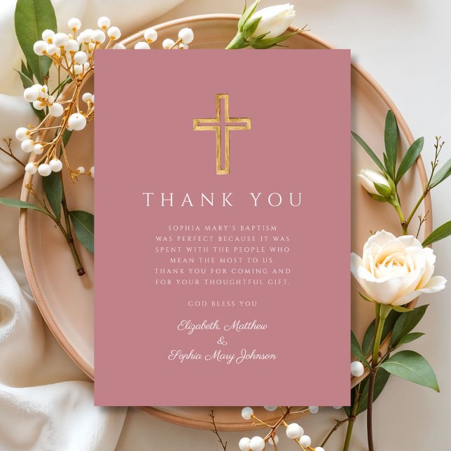 Elegante rosa religiöse Cross-Girl-Taufe Dankeskarte (Modern Dusty Blue Cross Girl Baptism Thank You Card)
