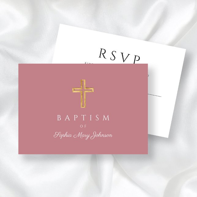 Elegante rosa religiöse Cross-Girl-Taufe RSVP Karte (Dusty Pink Religious Wood Cross Girl Baptism RSVP Card)