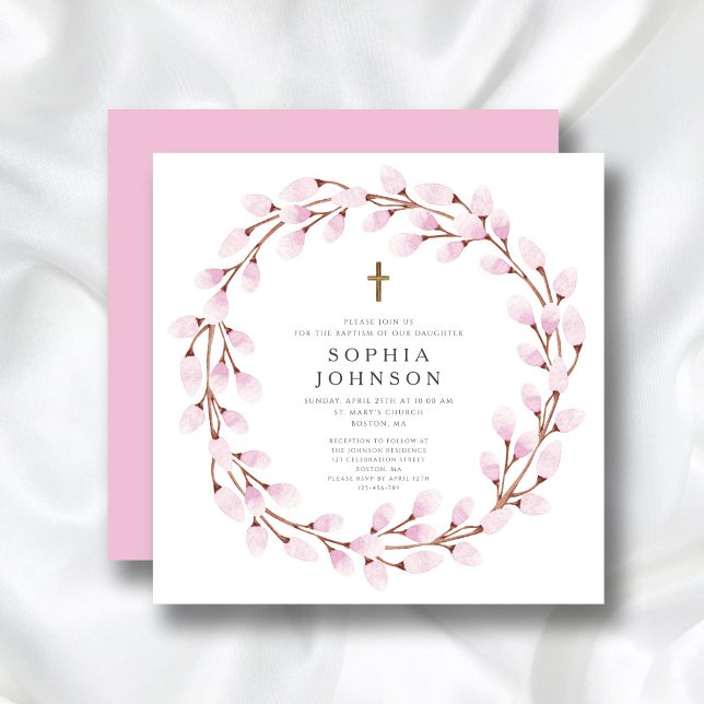Elegante rosa religiöse Kreuztaufe Einladung (Elegant Pink Religious Cross Baptism Invitation)