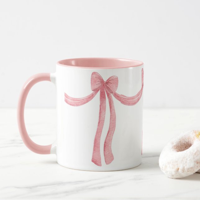 Elegante rosa Ribbon Satin Look Hübsch Girly Tasse (Mit Donut)