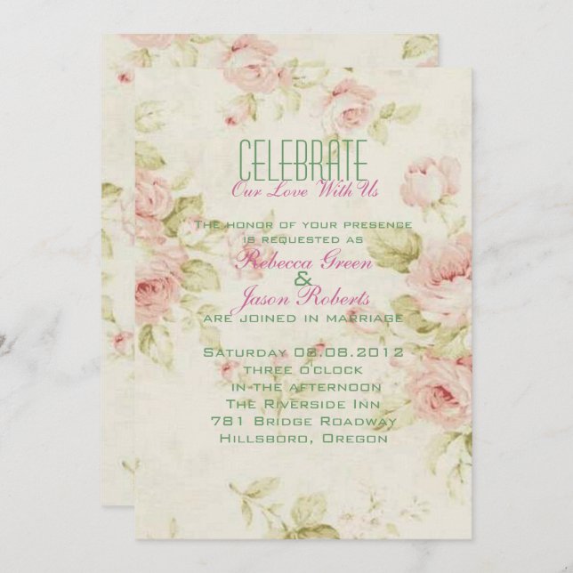 elegante rosa Rosa Bläserne Vintage Hochzeit einla Einladung (Vorne/Hinten)