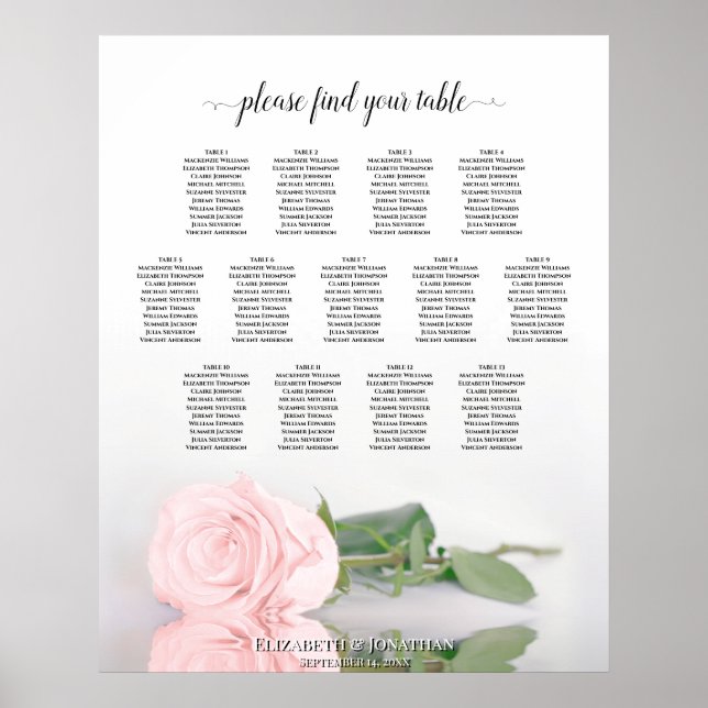 Elegante Rosa Rose 13 Tabelle Hochzeitstabelle Poster (Vorne)