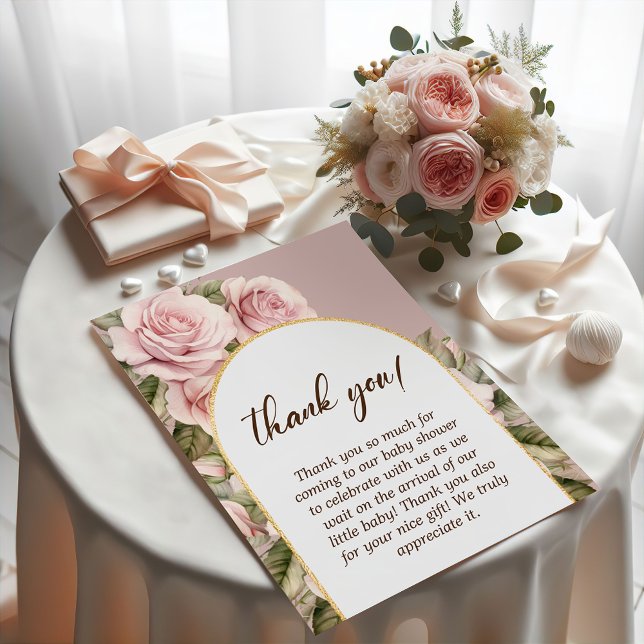 Elegante Rosa Rose Baby Dusche Dankeskarte (Elegant Pink Rose Baby Shower Thank You Card)