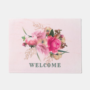 Elegante Rosa Rose Blumen Gold Bouquet Willkommen Fußmatte