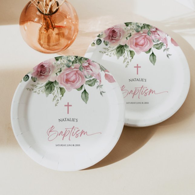 Elegante rosa Rose Blumentaufen Pappteller (Von Creator hochgeladen)