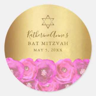 Elegante rosa Rose Floral Gold Bat Mitzvah Runder Aufkleber