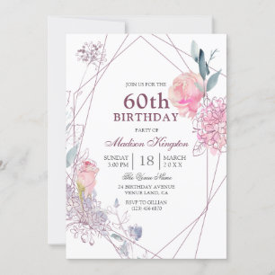 Elegante rosa Rose Geometric 60. Geburtstagsparty Einladung