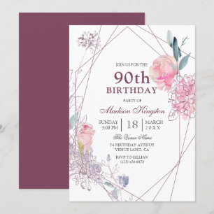 Elegante rosa Rose Geometric 90. Geburtstagsparty Einladung