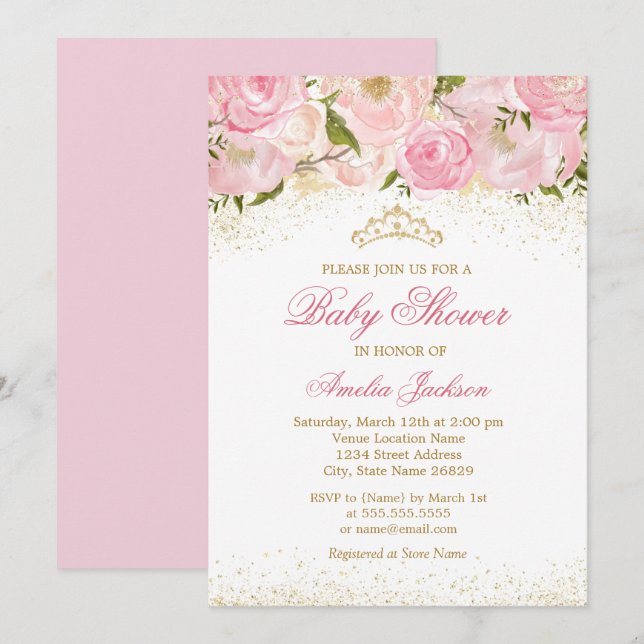 Elegante Rosa Rose Girl Baby Dusche Einladung (Vorne/Hinten)