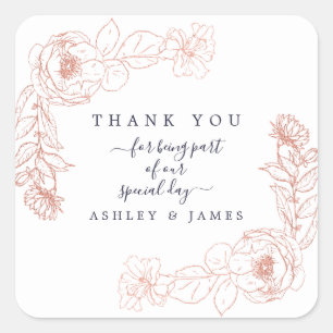 Elegante Rosa Rose Gold Floral Wedding Vielen Dank Quadratischer Aufkleber