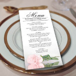 Elegante Rosa Rose mit Reflektionen Hochzeit Menükarte<br><div class="desc">Dieses schöne Menü wird Ihrem Hochzeitsempfang etwas mehr Stil verleihen. Es zeichnet sich durch ein wunderschönes und romantisches Design aus. Die Rose in den rosa Singles, die auf der Seite liegt, spiegelt sich in einem Wasserbecken mit Wellen und Wellen wider. Es gibt Platz für die Namen des Paares und das...</div>