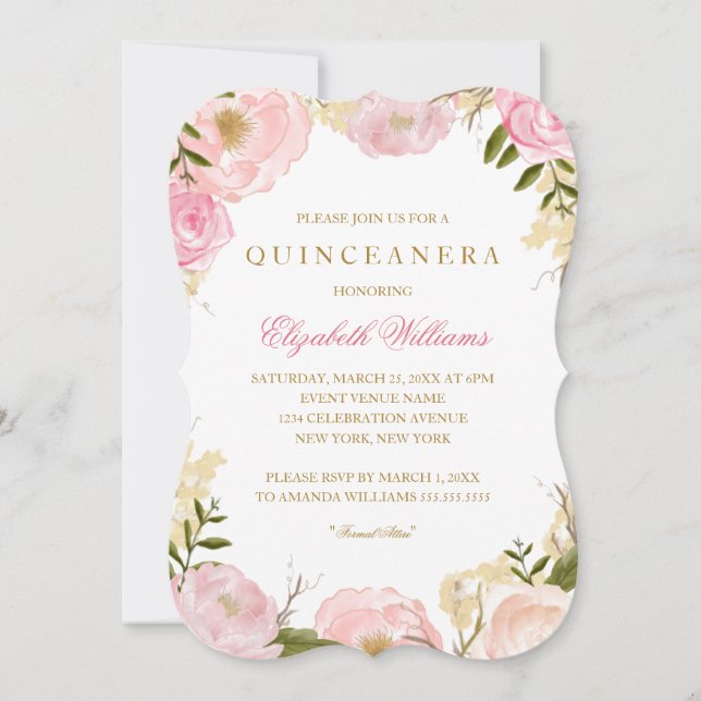 Elegante Rosa Rose Quinceanera Einladung (Vorderseite)