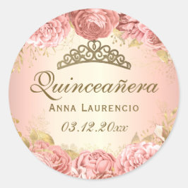 Elegante Rosa Rose Quinceanera Runder Aufkleber