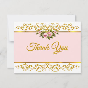 Elegante rosa Rose und goldene florale Danksagung Mitteilungskarte