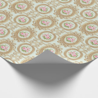 Elegante rosa Rose und goldener Barockrahmen Geschenkpapier