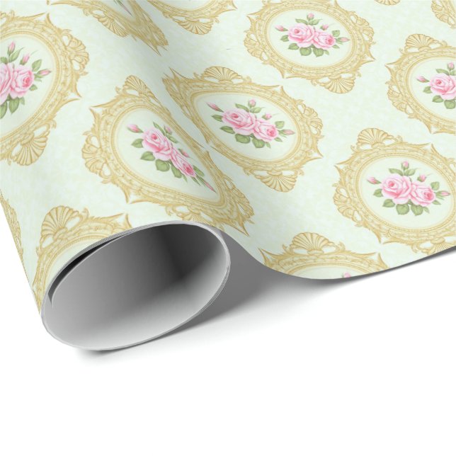 Elegante rosa Rose und goldener Rahmen  Geschenkpapier (Rolleneckpunkt)
