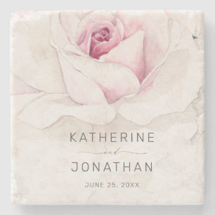 Elegante rosa Rose Wasserfarbe Blumenschrift Hochz Steinuntersetzer