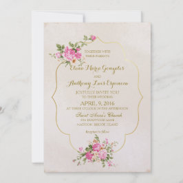 Elegante Rosa Rosen auf Elfenbein mit Goldrahmen Einladung