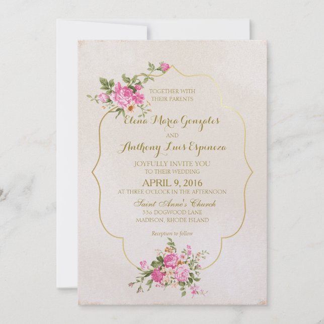 Elegante Rosa Rosen auf Elfenbein mit Goldrahmen Einladung (Vorderseite)