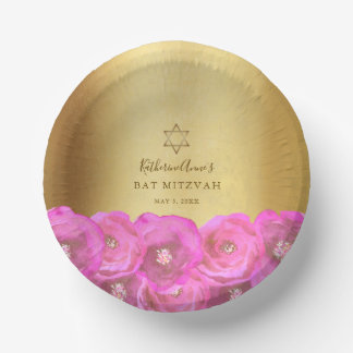 Elegante rosa Rosen-Blumen- Gold Bat Mitzvah Pappteller