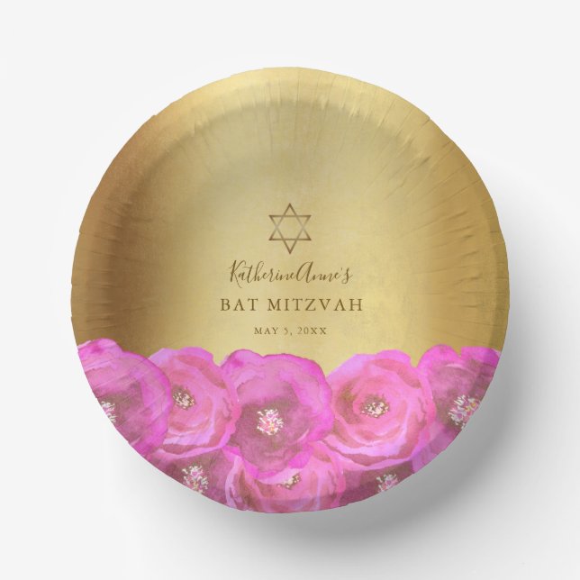 Elegante rosa Rosen-Blumen- Gold Bat Mitzvah Pappteller (Vorderseite)