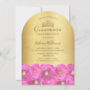 Elegante rosa Rosen Blumen Goldene Krone Quinceañe Einladung
