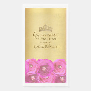 Elegante rosa Rosen Blumen Goldene Krone Quinceañe Serviette