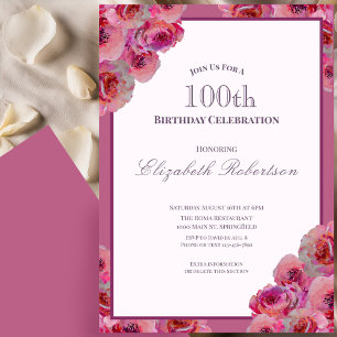 Elegante rosa Rosen Damen 100. Geburtstag Einladung