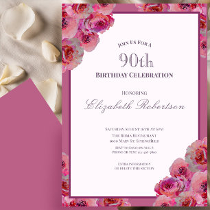 Elegante rosa Rosen Damen 90. Geburtstag  Einladung