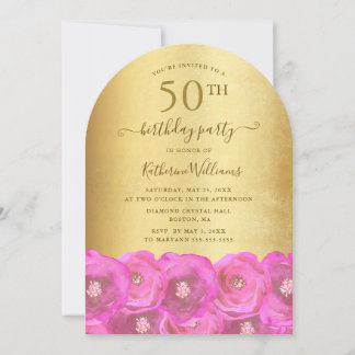 Elegante rosa Rosen & goldene Schrift 50. Geburtst Einladung
