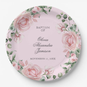 Elegante rosa Rosen Mädchen Taufe Pappteller