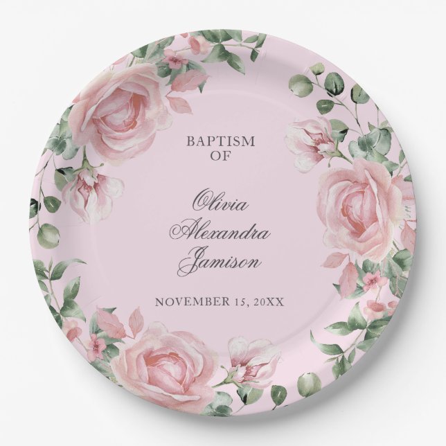 Elegante rosa Rosen Mädchen Taufe Pappteller (Vorderseite)