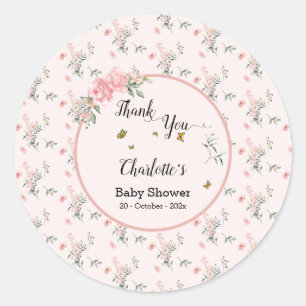 Elegante rosa Rosen mit Schmetterlingen Baby Showe Runder Aufkleber