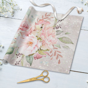 Elegante rosa Rosen-Pfingstrose Blumenglitter Geschenkpapier