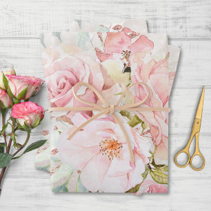 Elegante rosa Rosen-Pfingstrose Blumenglitter Geschenkpapier Set