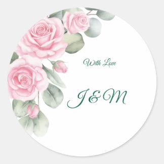Elegante rosa Rosen & Schwan Hochzeitsaufkleber Runder Aufkleber