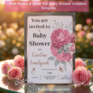 Elegante rosa Rosen & Silberfolie Baby Shower Einladung