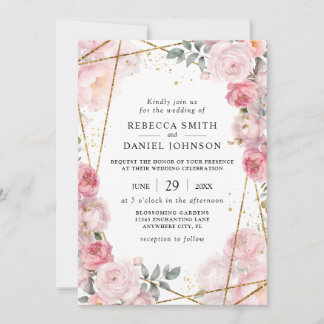 Elegante rosa Rosen und geometrische Hochzeit Einladung