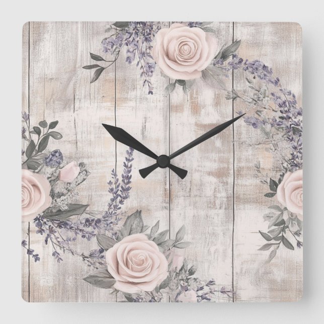 Elegante rosa Rosen und Lavendel Wall Uhr (Vorderseite)