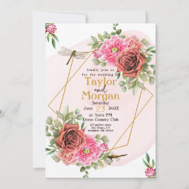 Elegante rosa Rosen und Libellen Hochzeiten Einladung