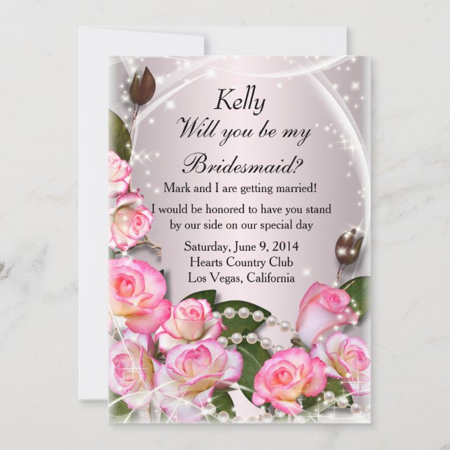 Elegante rosa Rosen und Perlen Bridmaid Card Einladung (Vorderseite)