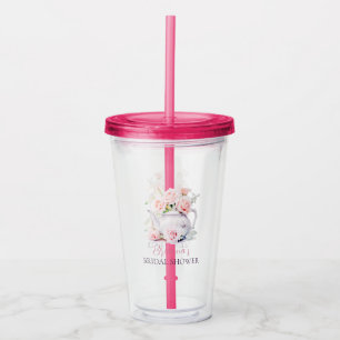 Elegante rosa Rosen Vintage-Teekanne Brautparty Acryltrinkbecher