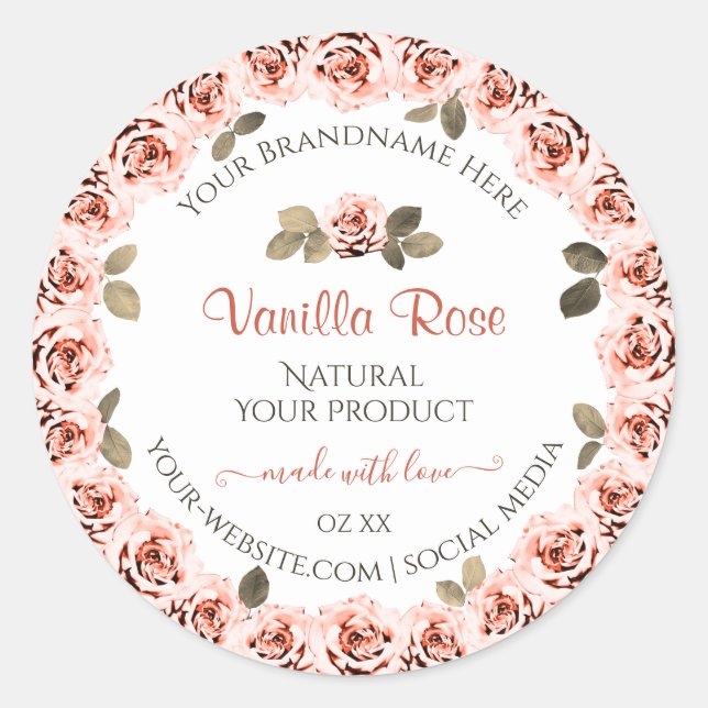 Elegante rosa Rosen weiße Etiketten für die Verpac Runder Aufkleber (Vorderseite)