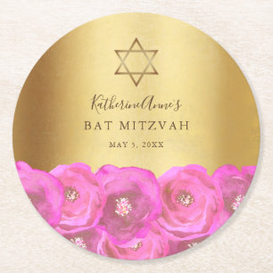 Elegante rosa Rosenblüten-Gold-Bat-Mizwa Runder Pappuntersetzer